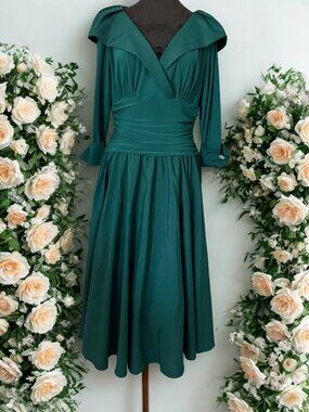 Hunter Green Tea Length Cocktail Dress with Rhinestone Sleeve Buttons